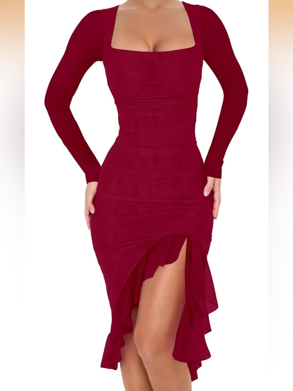 Long Sleeve Burgundy Square Neck Midi Bodycon Dress